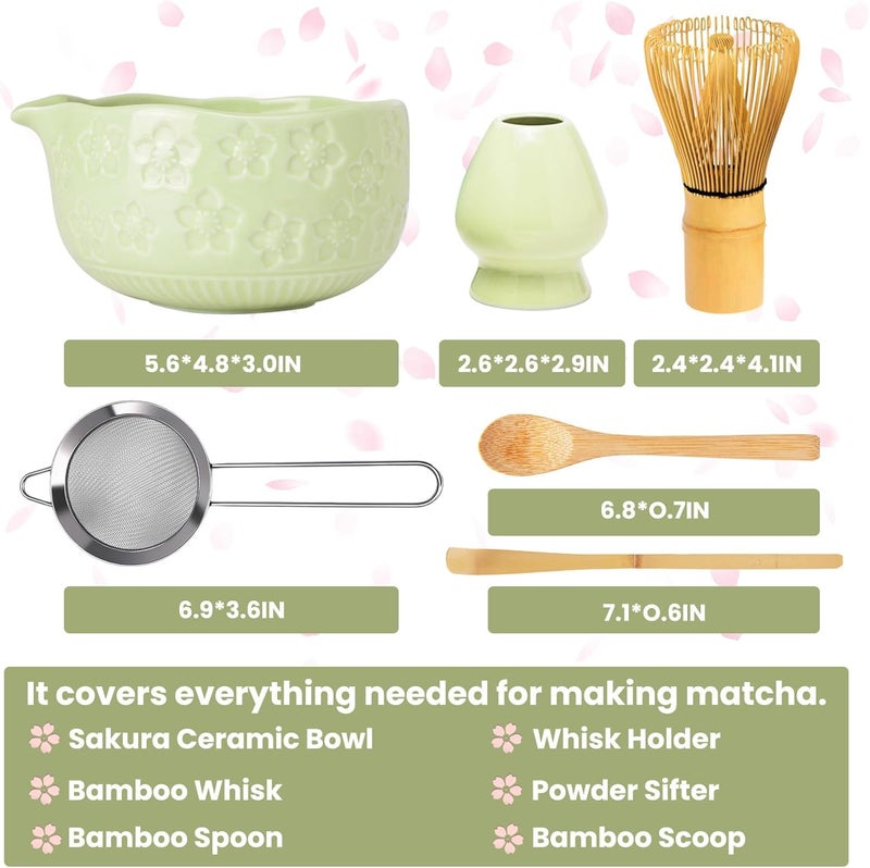 RANERANE Matcha Whisk Set, Sakura Green Ceramic Matcha Set Includes Matcha Bowl, Matcha Whisk (Chasen) and Holder, Sifter, Bamboo Scoop & Spoon - 6 Pcs Matcha Kit for Matcha Lovers - Image 2